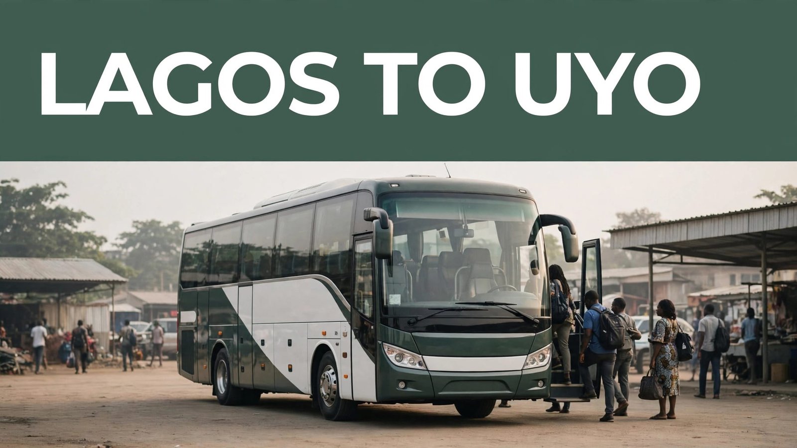 Coach bus at a Nigerian motor park with passengers boarding.