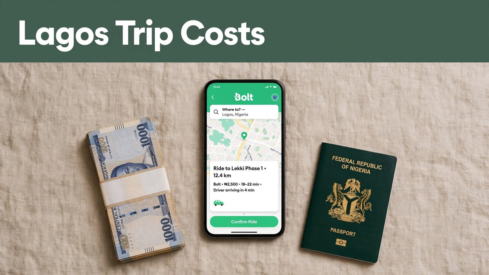 Naira cash, a phone with Bolt, and a passport beneath a Lagos trip costs headline.