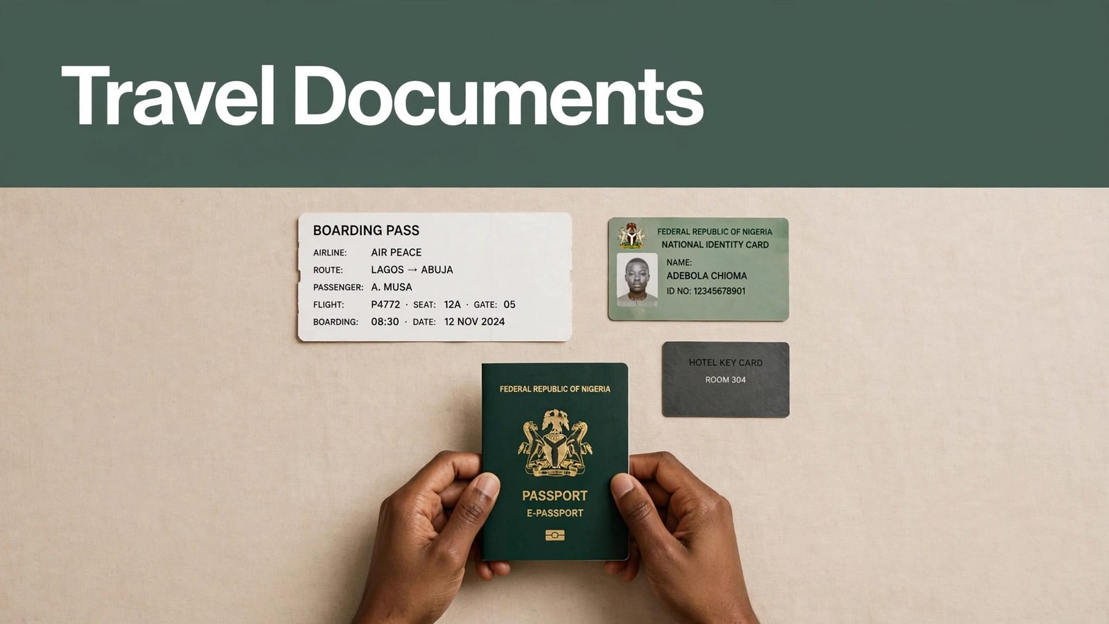 Hands hold a Nigerian passport beside a boarding pass, ID card, and hotel key card.