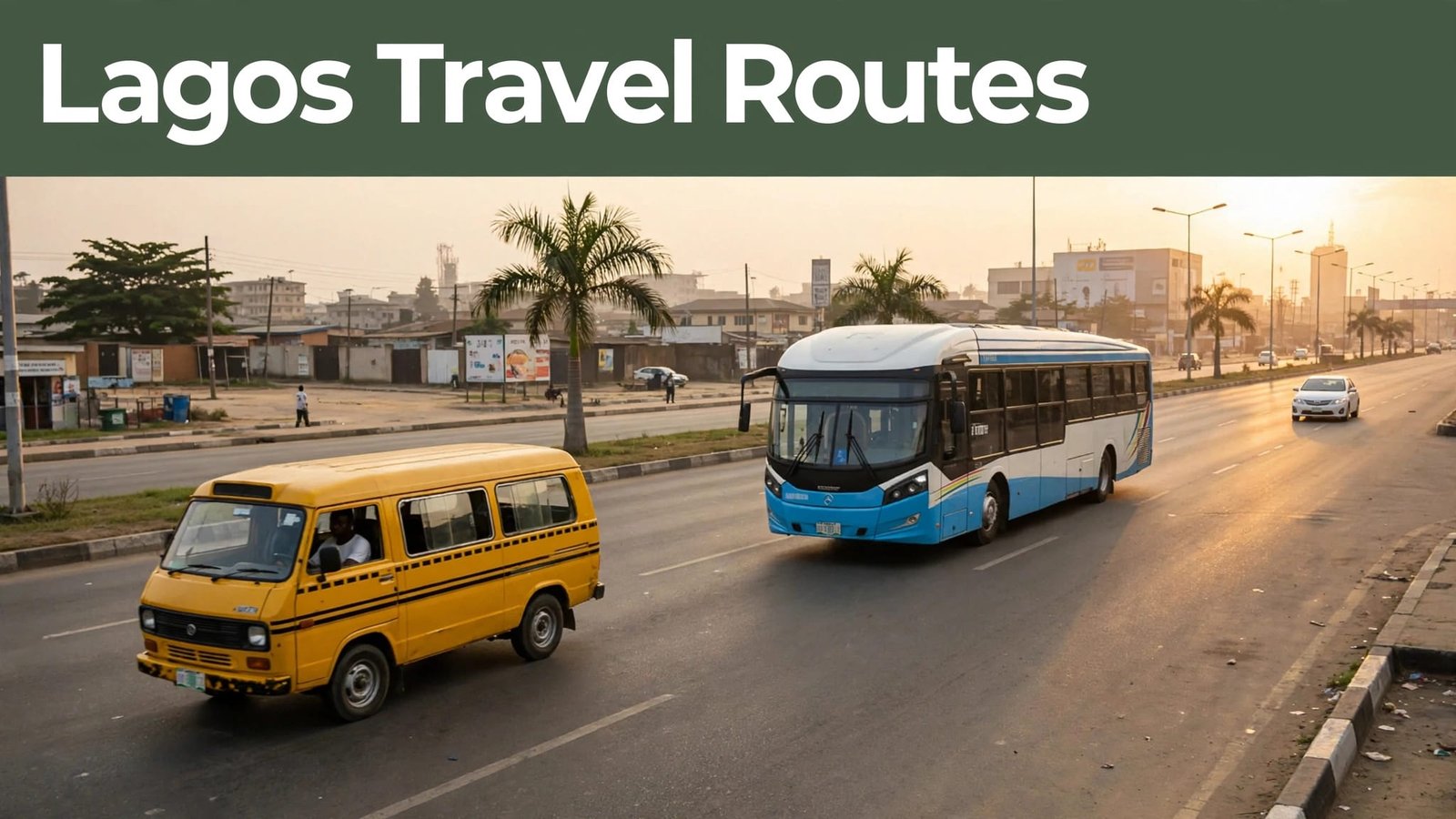 A yellow danfo and BRT bus share a Lagos road at sunset.