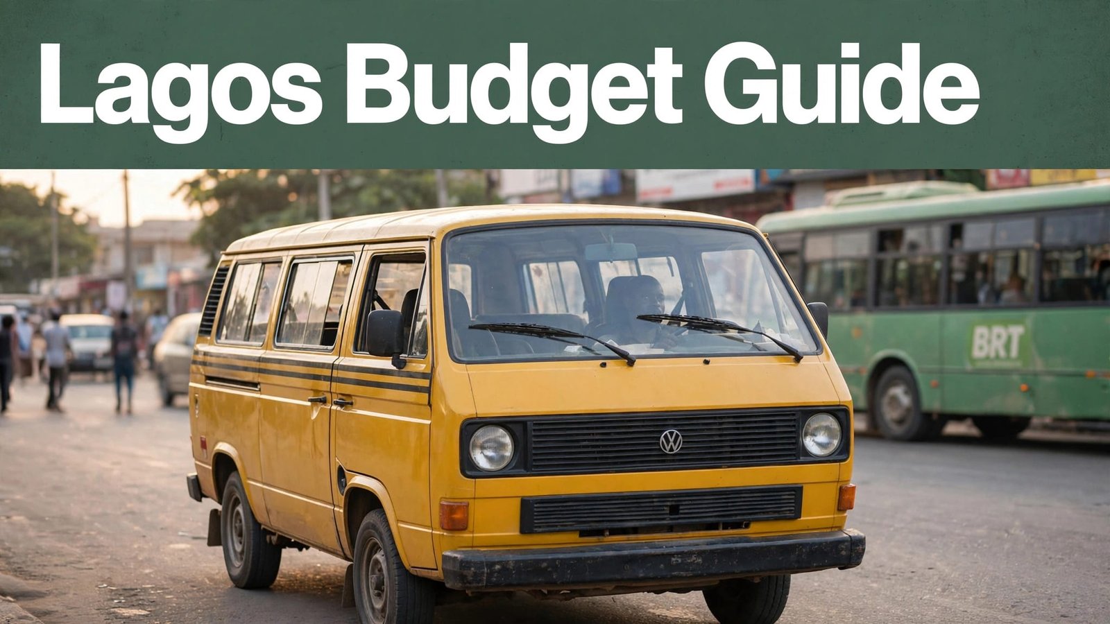 A yellow danfo minibus passes a BRT bus on a Lagos street at sunset.