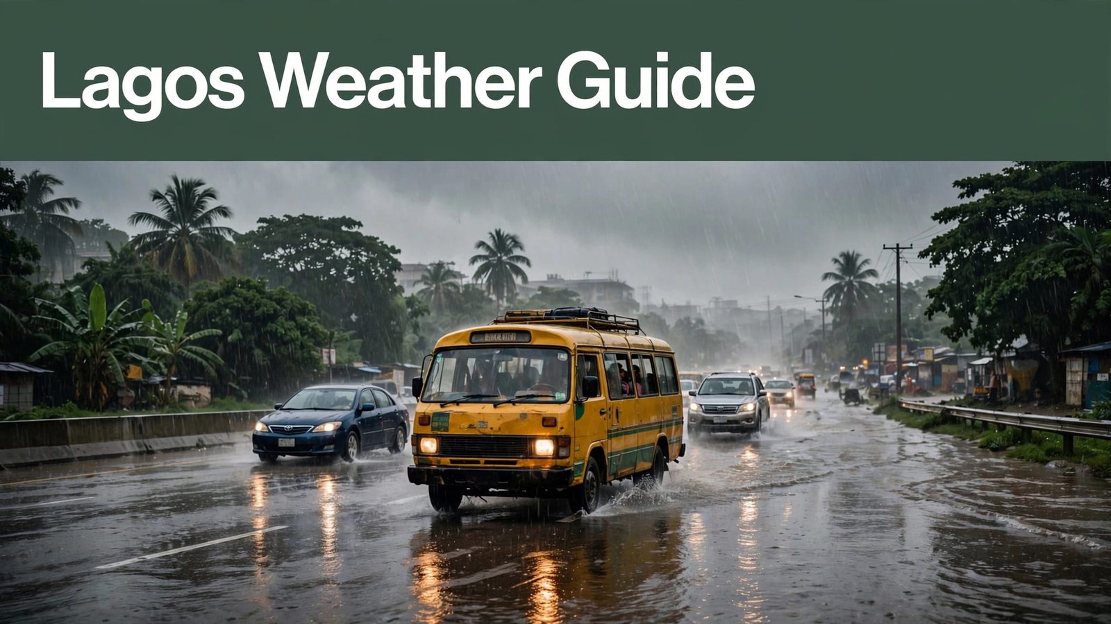 A yellow bus and cars drive through flooded lanes in heavy Lagos rain.