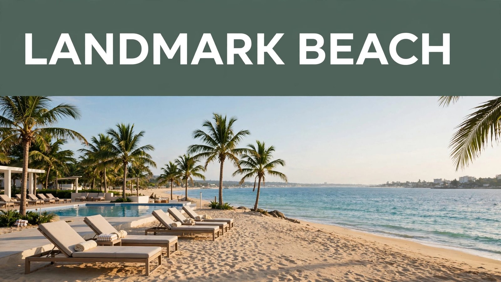 Turquoise water and golden sand beneath palms, with a LANDMARK BEACH banner above.