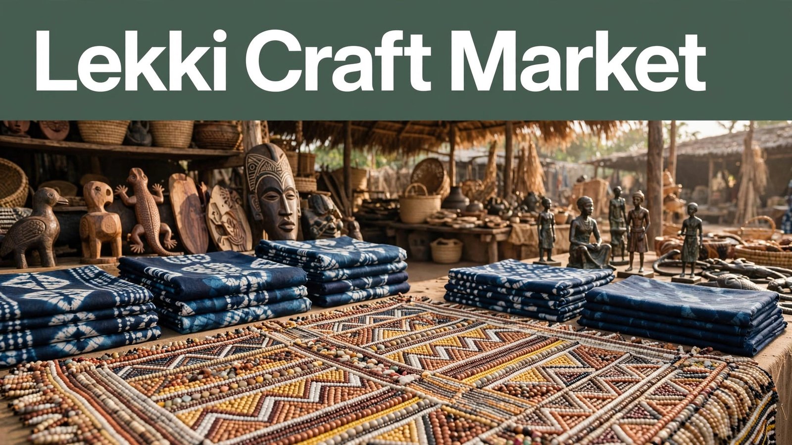 Beaded artwork sits before carvings, bronze figures, and folded fabric at a market stall.