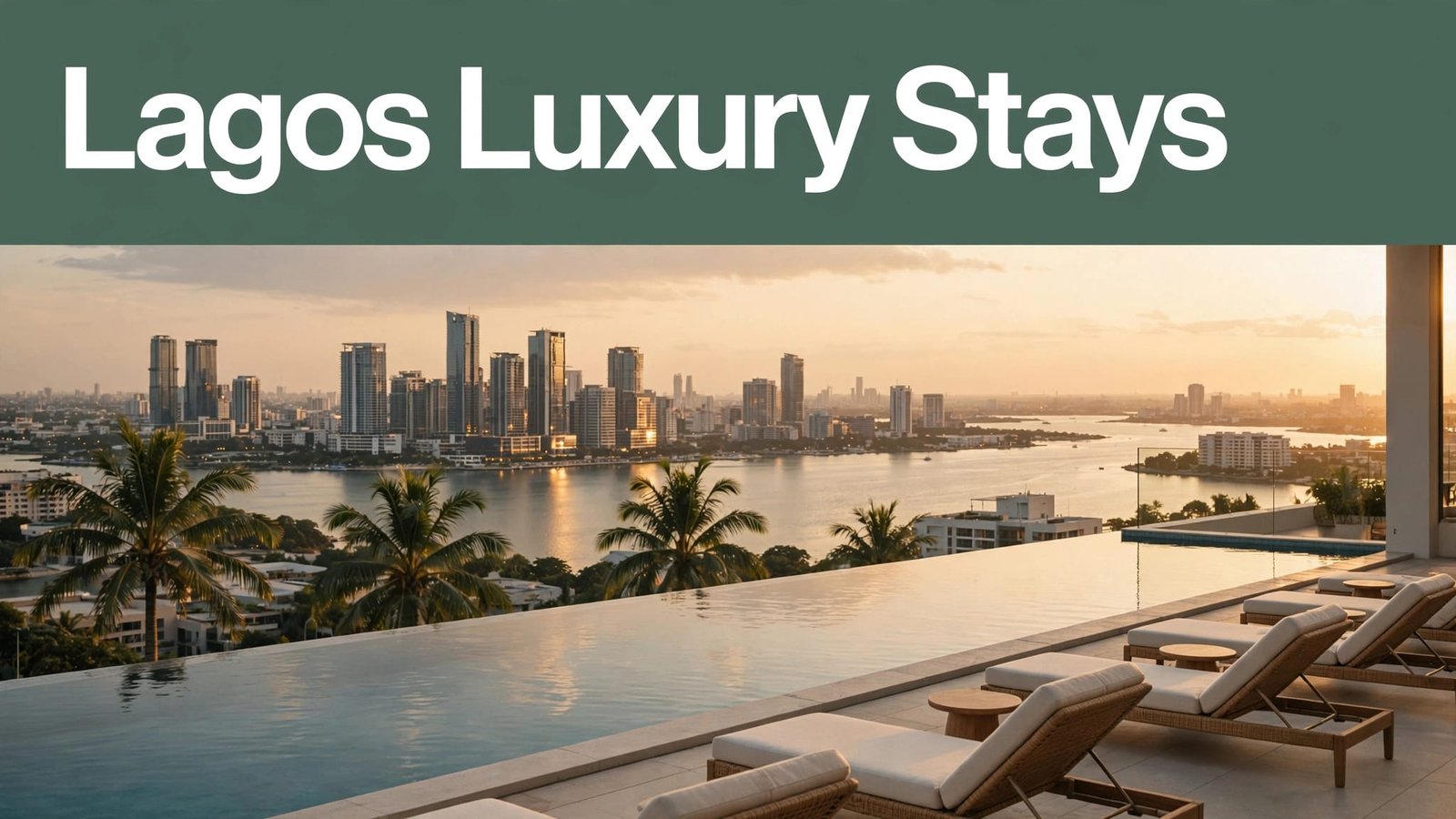 A rooftop pool overlooks Lagos buildings and a lagoon beneath a dark-green headline banner.