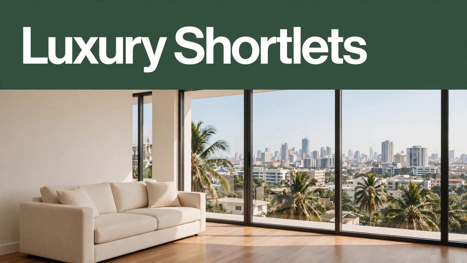 A cream sofa faces tall windows with palm trees and the Lagos skyline beyond.