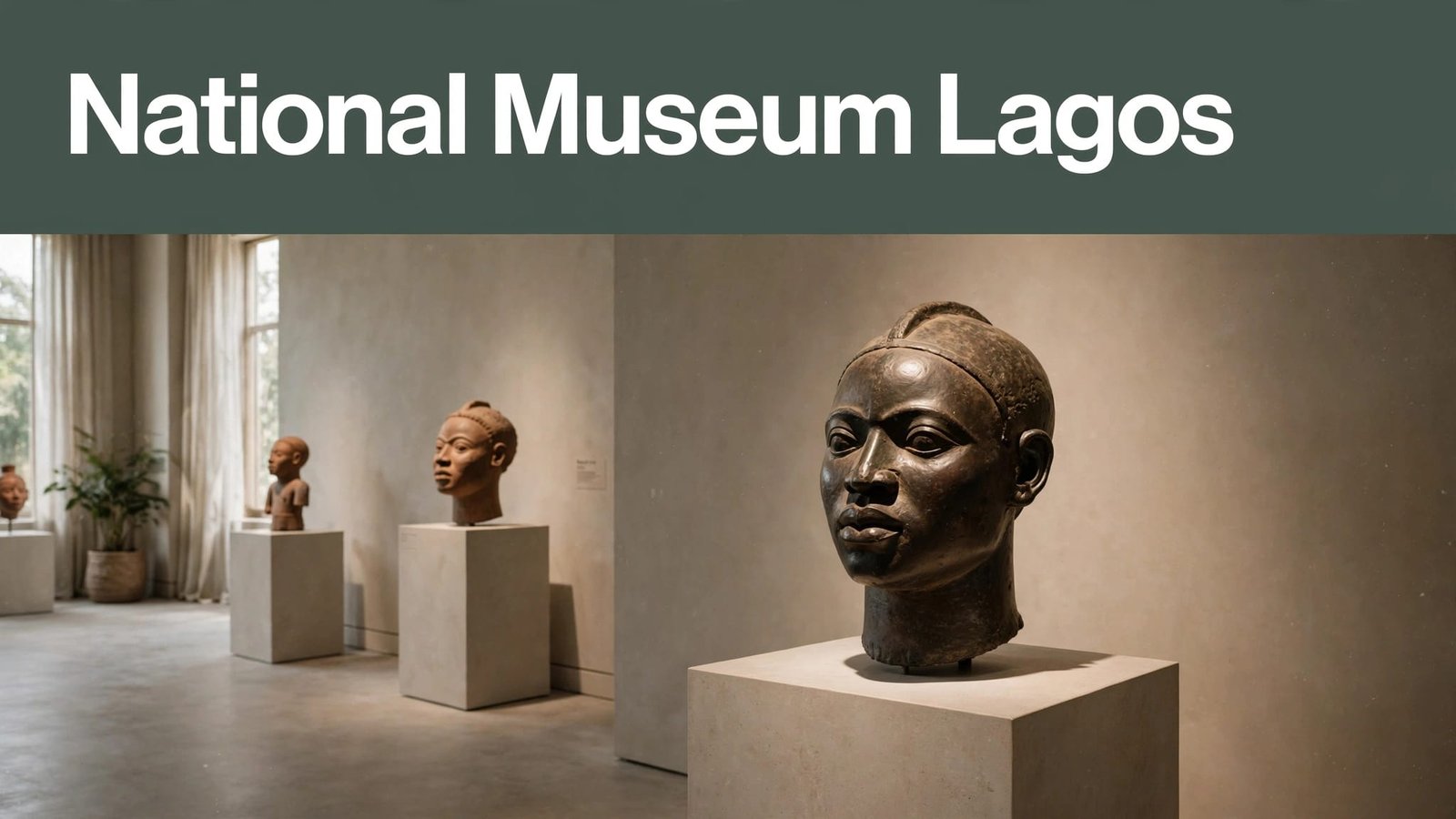 A bronze head and terracotta sculptures in a museum gallery beneath a green title band.
