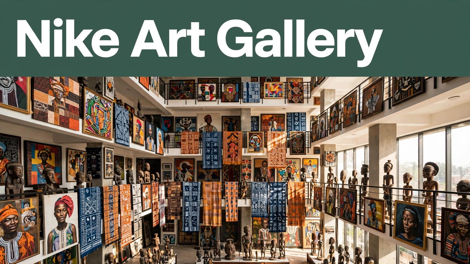 Colorful Nigerian artworks cover a tall gallery wall above a green Nike Art Gallery banner.