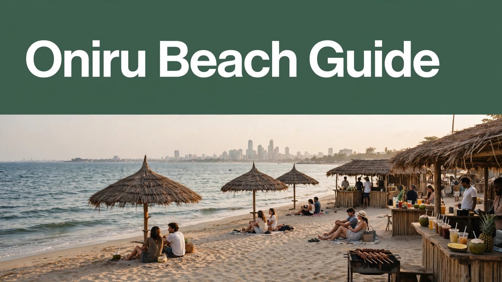 Beachgoers relax under thatched umbrellas beside gentle waves at Oniru Beach.