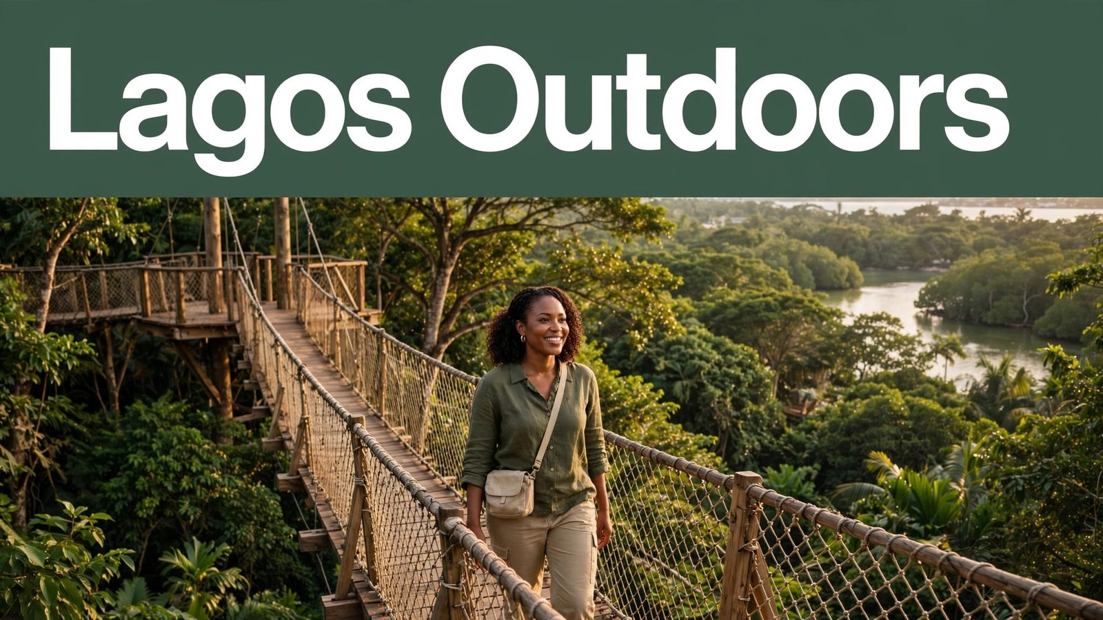A woman crosses a wooden walkway above green treetops in Lagos.
