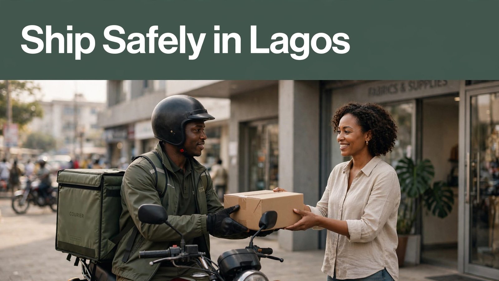 A delivery rider hands a parcel to a woman outside a Lagos shop.