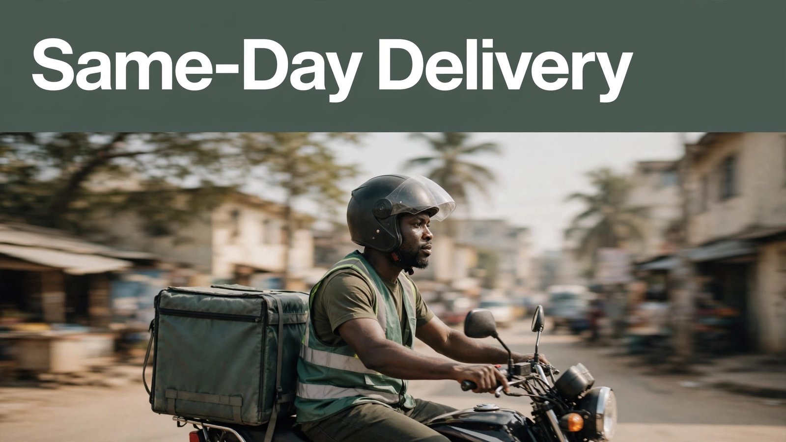 A motorcycle courier rides through a sunny Lagos street beneath a same-day delivery headline.