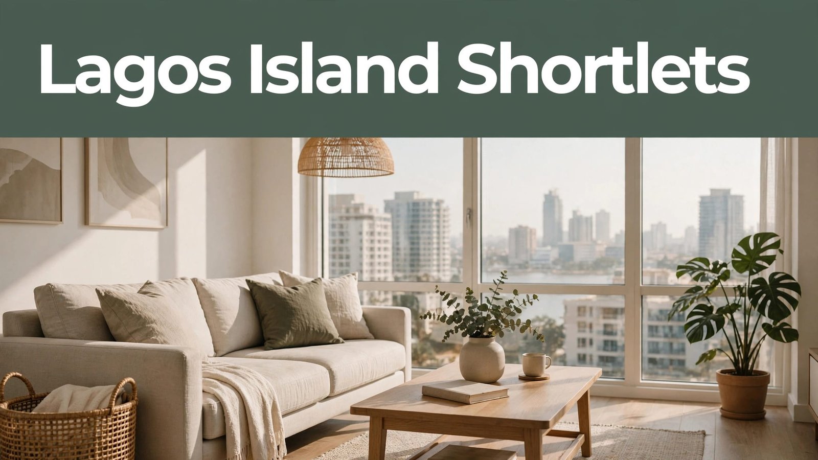 A furnished living room with a sofa, coffee table, city view, and headline.