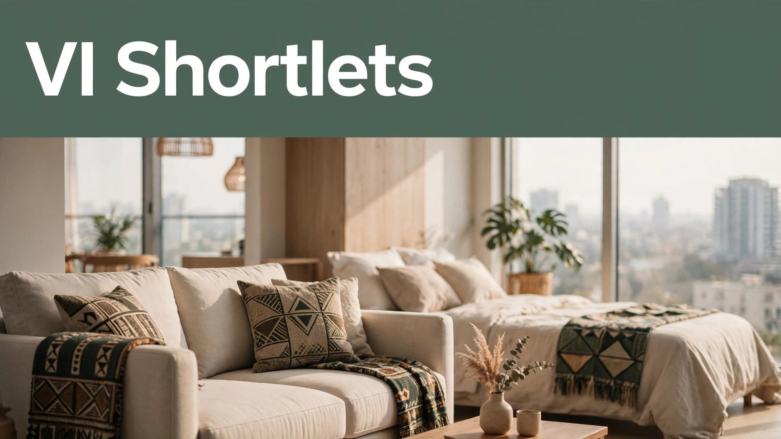 A bright shortlet living room with a sofa, distant bed, and tall windows.