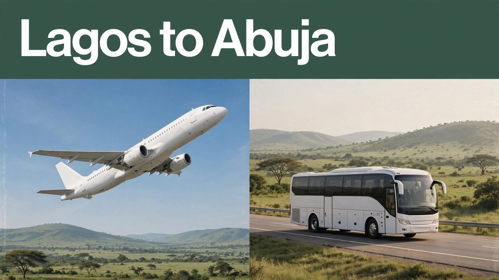 An airliner and coach bus illustrate travel between Lagos and Abuja.