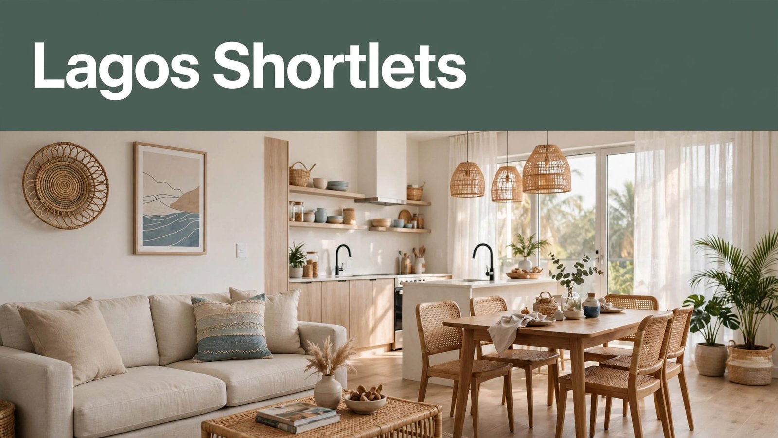 A bright Lagos apartment with a sofa, dining table, open kitchen, and green “Lagos Shortlets” banner.