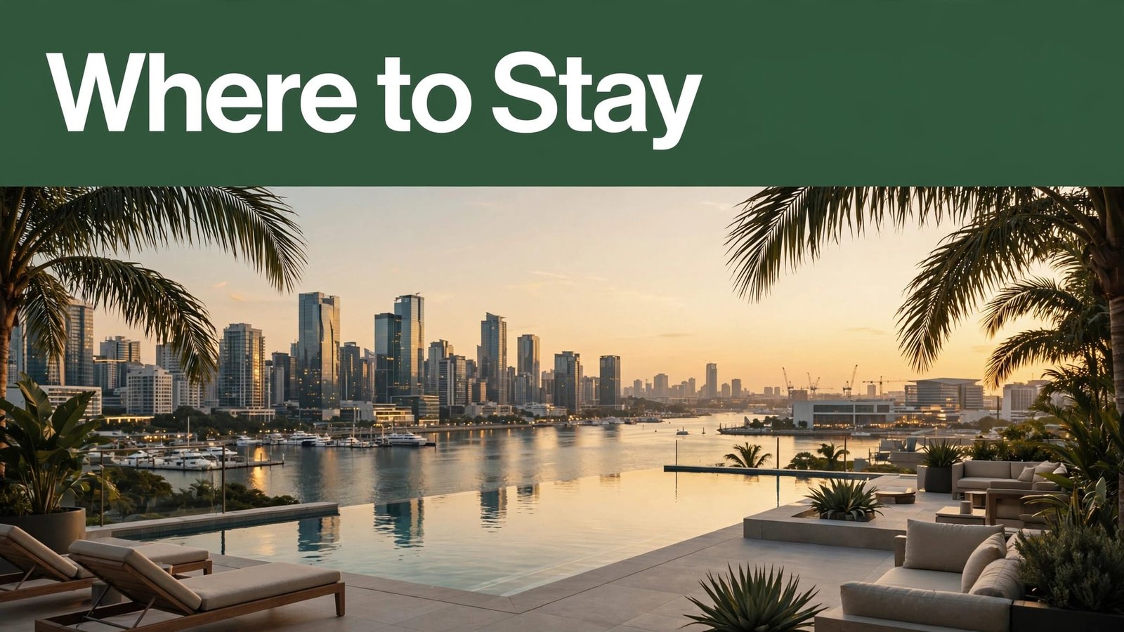 A rooftop infinity pool overlooks Lagos, beneath a green banner reading โWhere to Stay.โ