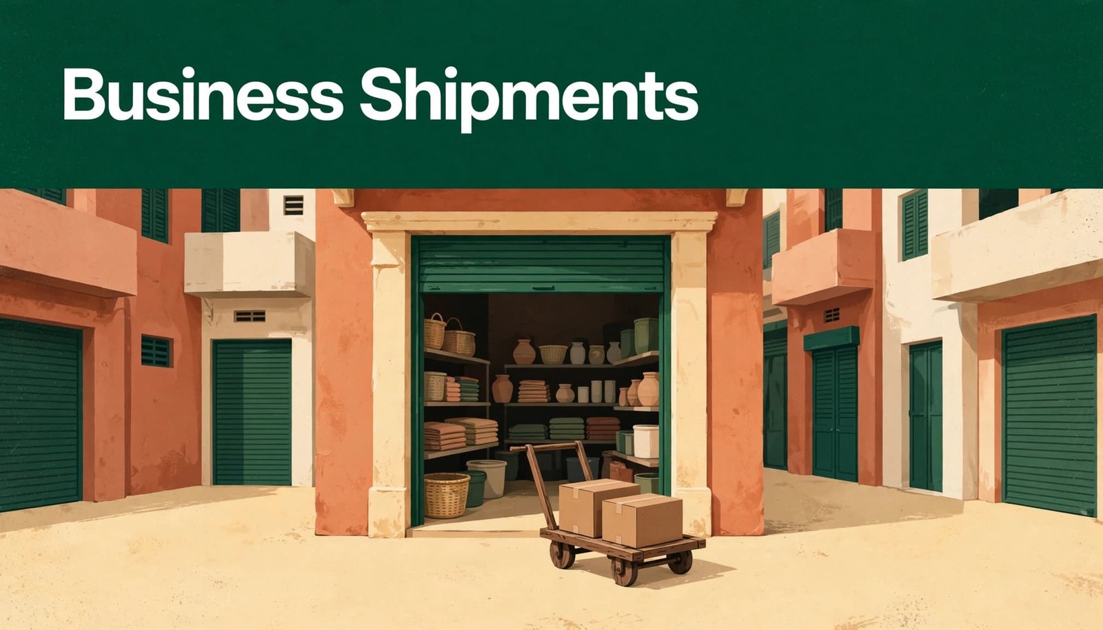 A handcart with two sealed cartons outside a Lagos storefront beneath a green headline band.