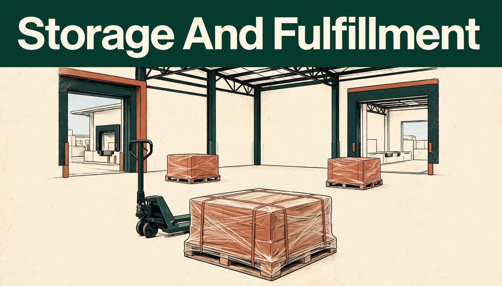 Three wrapped pallets and a pallet jack staged inside a Lagos warehouse beneath a green headline band.