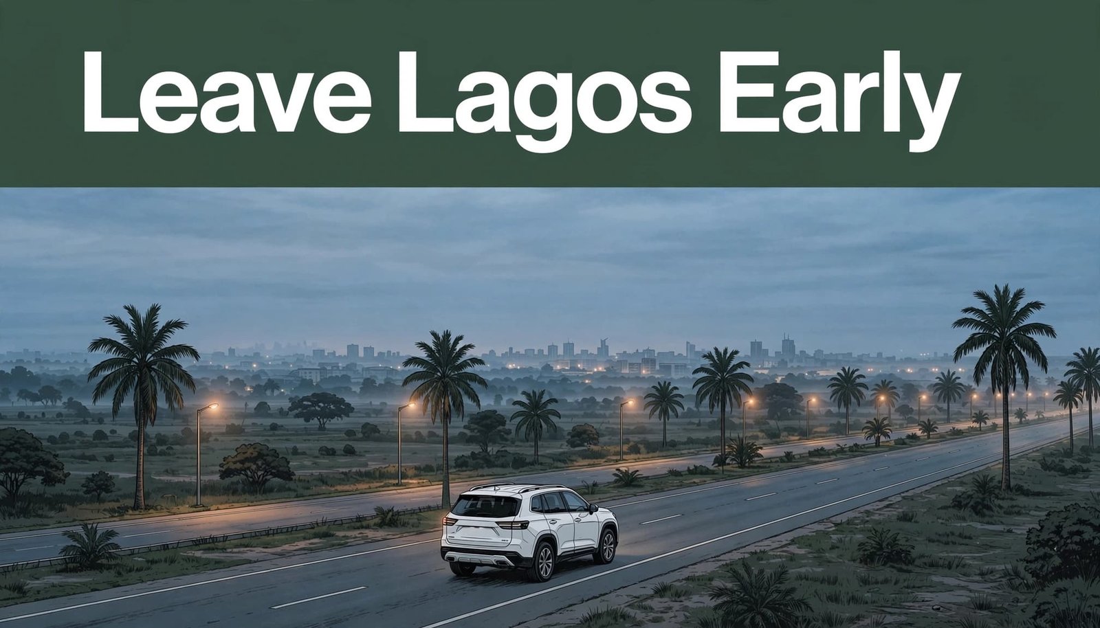 A white SUV drives along an open highway near Lagos before dawn.