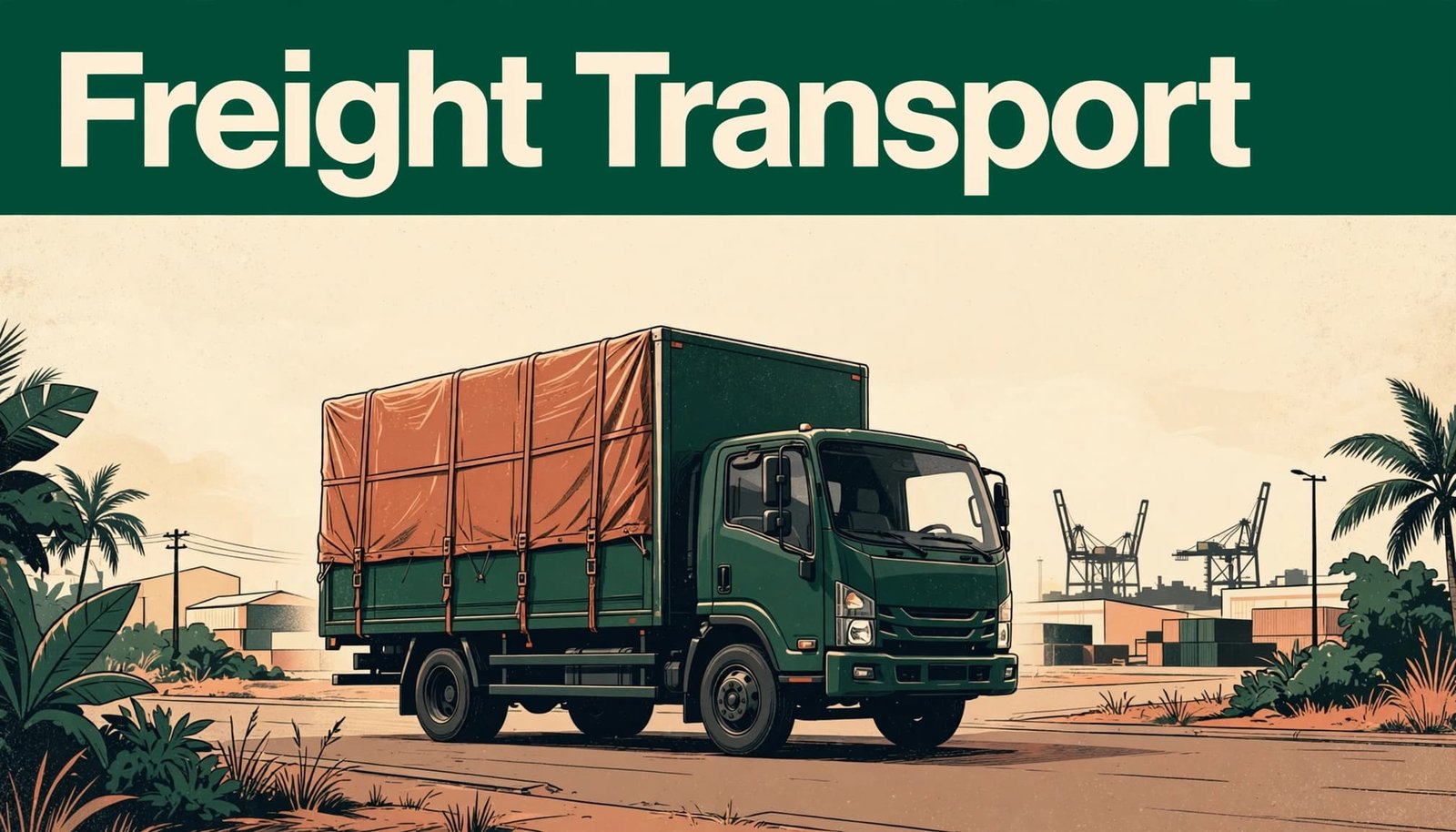 A freight truck travels along a Lagos road with port cranes in the distance.