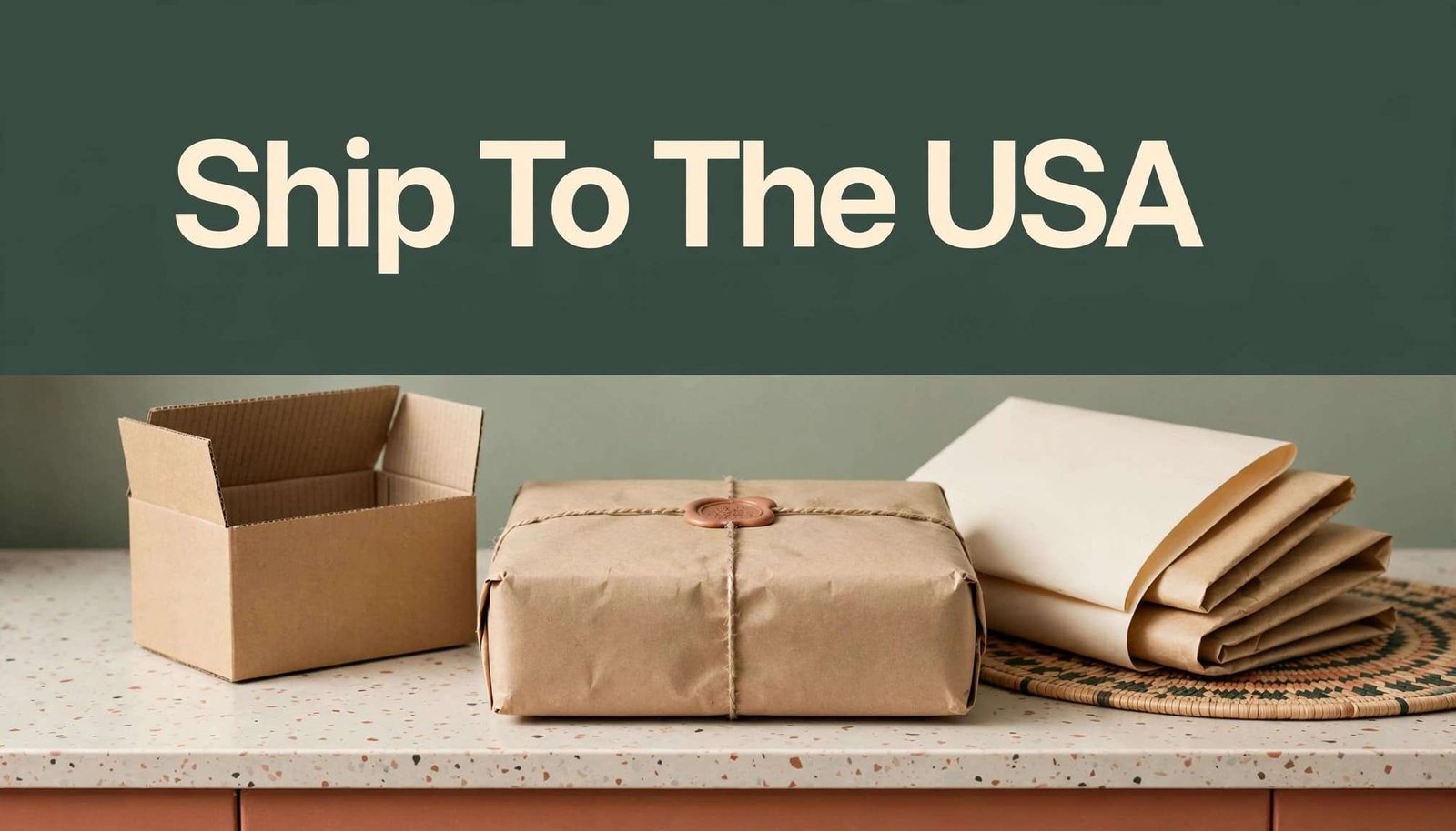 A packed parcel beside an open carton beneath a green shipping headline.