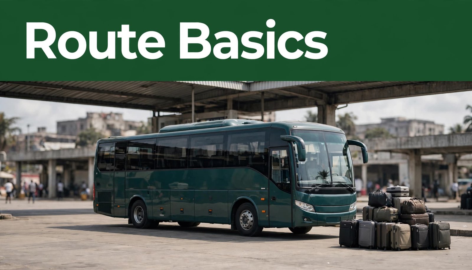 One coach arrives at a Lagos bus terminal with luggage beside it.