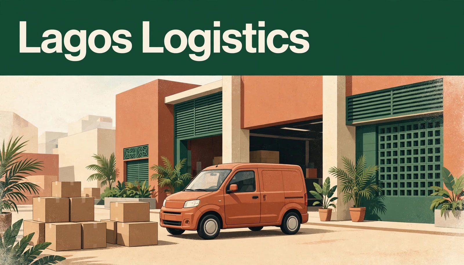 A delivery van and stacked parcels sit beneath a green Lagos Logistics banner.