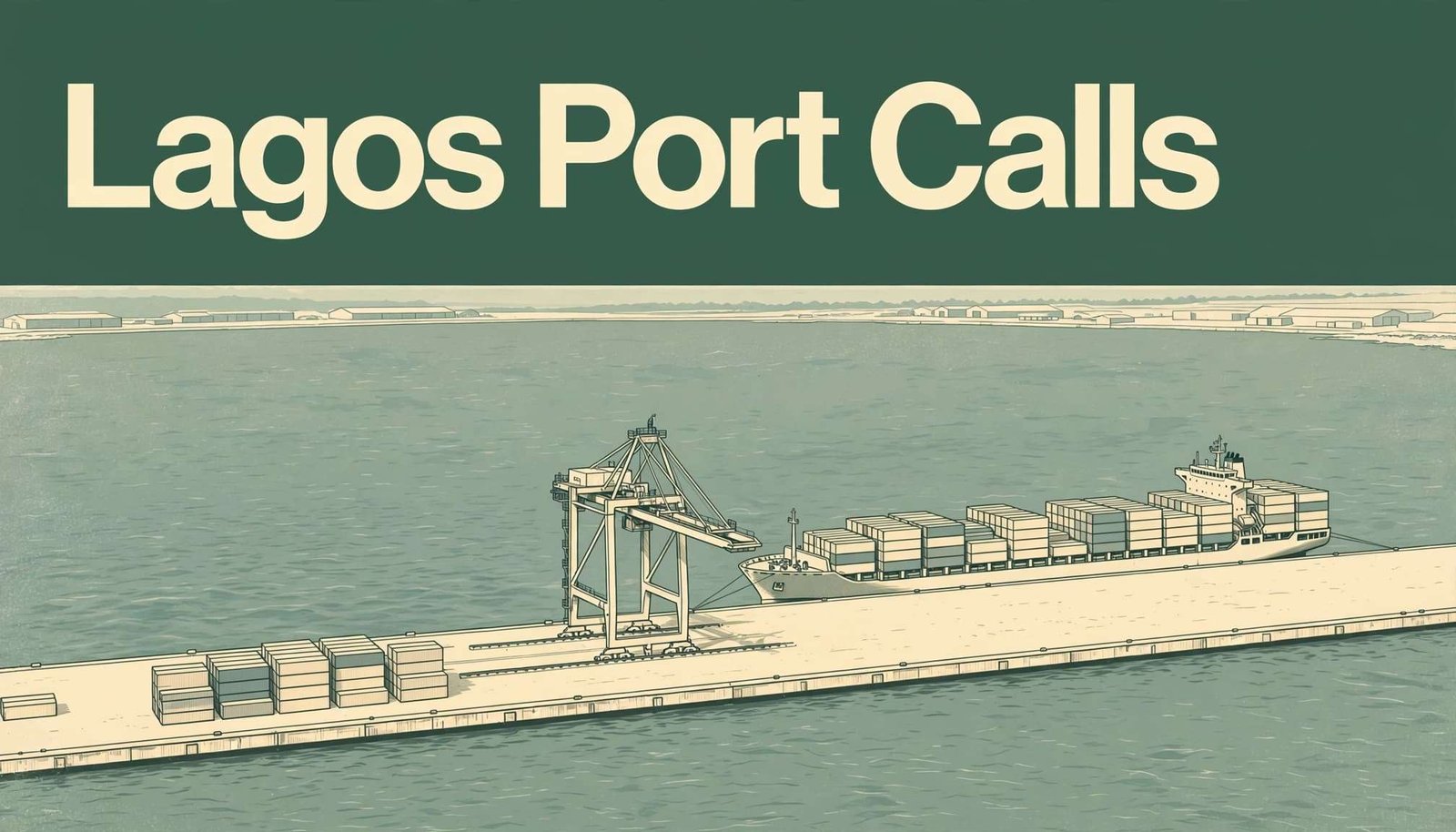 A container ship, crane, and stacked cargo sit beside the quay.