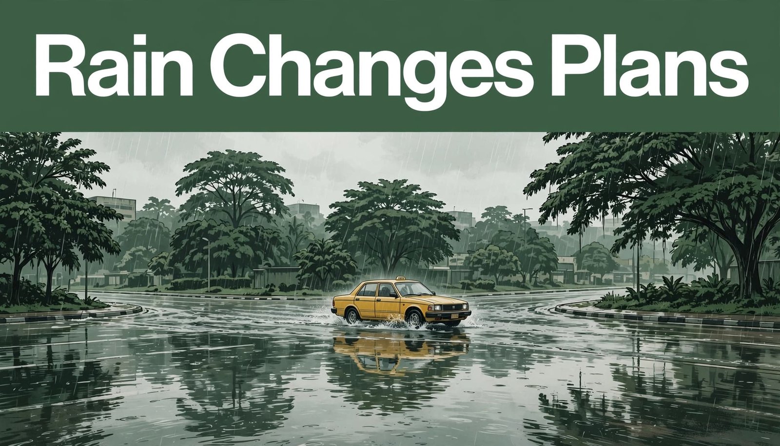 A yellow taxi drives through shallow floodwater on a rainy Lagos road.