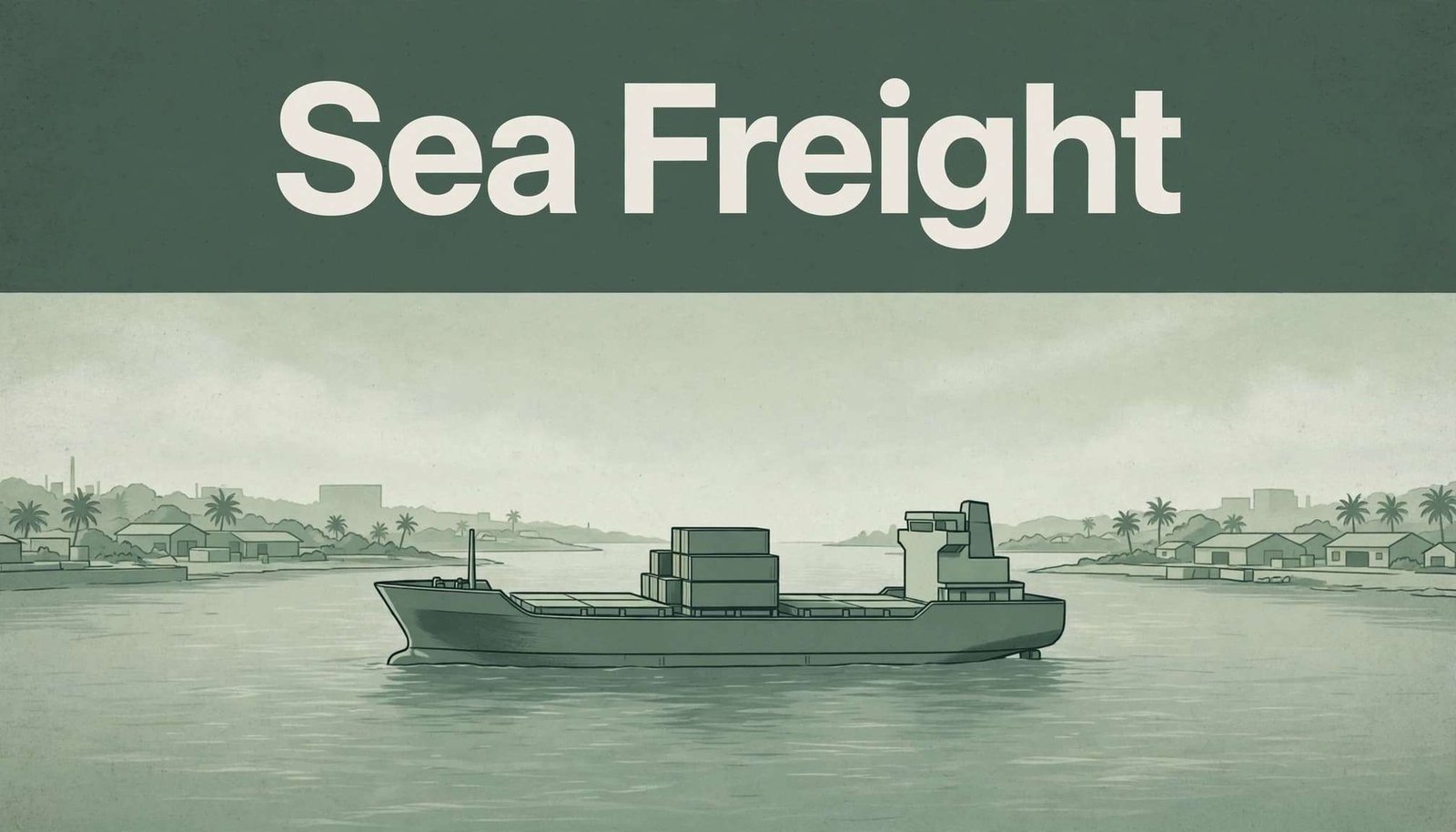 A container ship on calm water beneath a green 