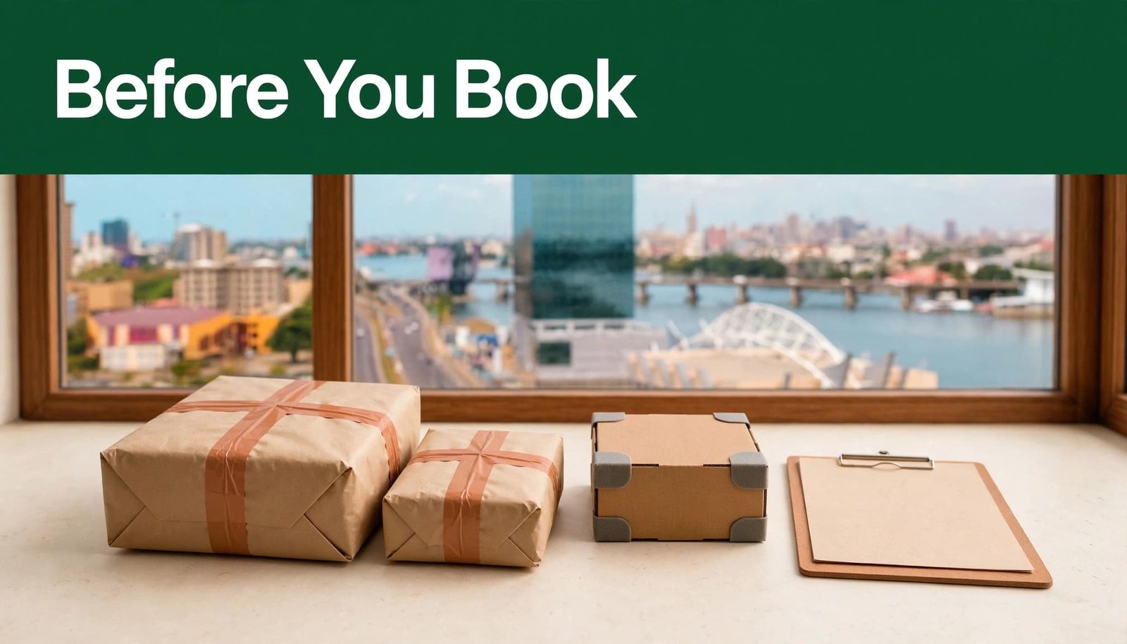 Sealed parcels, a clipboard, and a packing box sit beneath a green headline band.