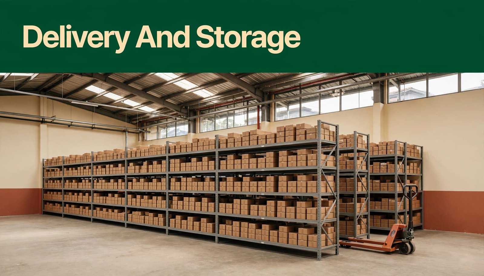 Shelves of parcels and a hand pallet truck inside a bright warehouse.