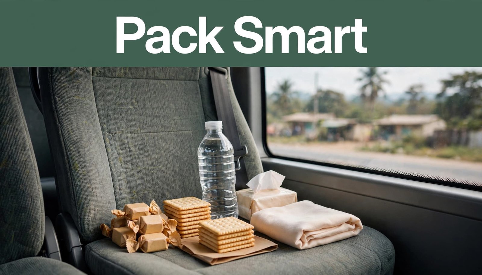 Travel essentials arranged on a bus seat beside a window.