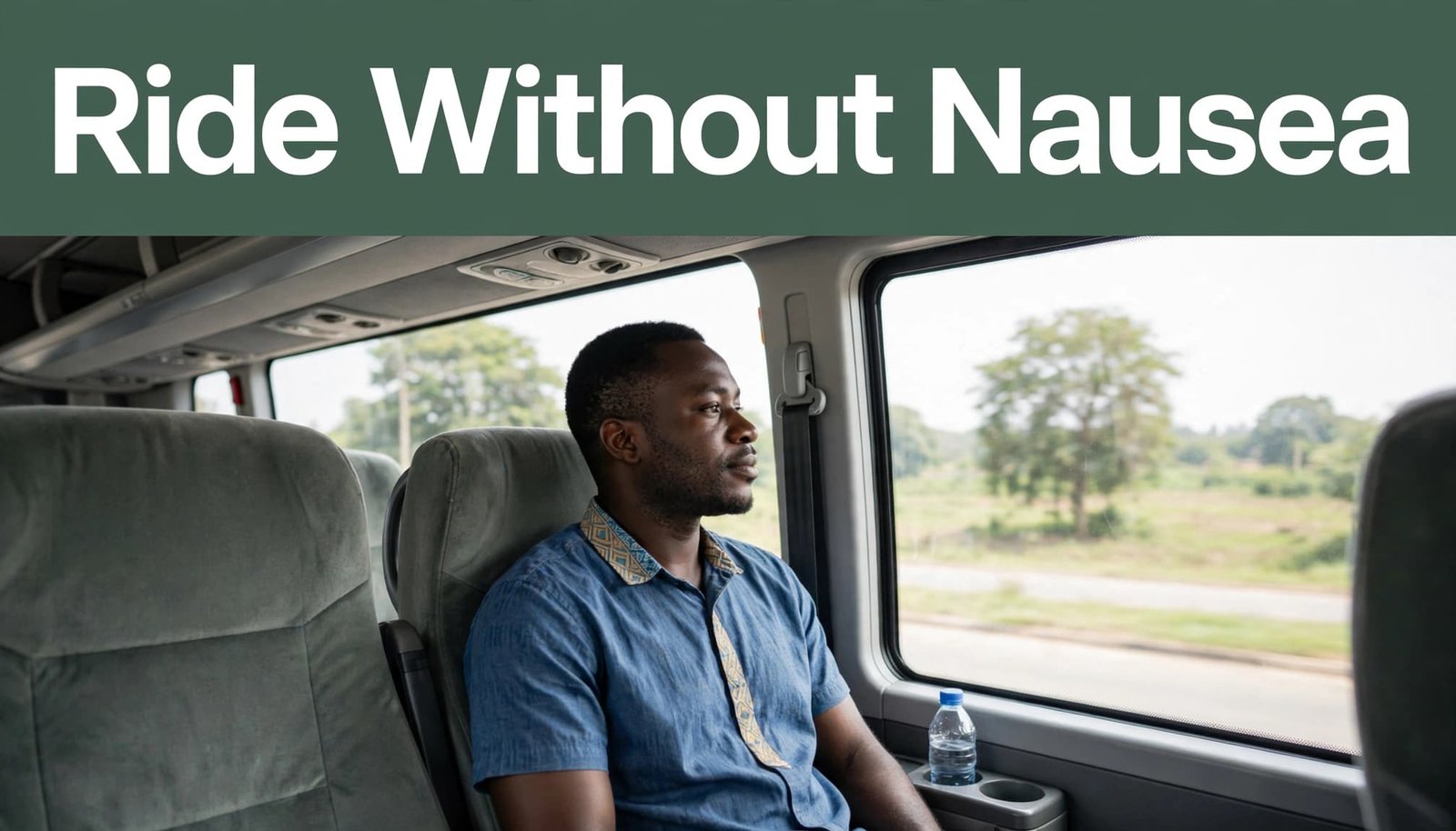 A Nigerian traveler sits by a coach window with a water bottle beside the seat.