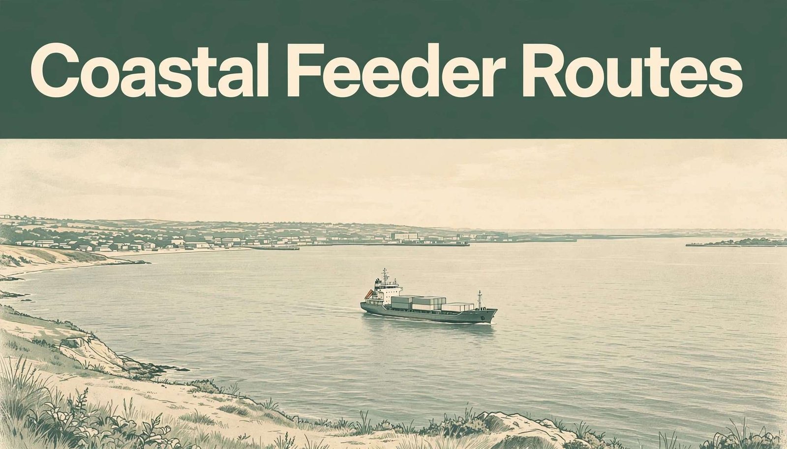 A feeder ship sails toward a distant Nigerian harbor beneath a green headline band.