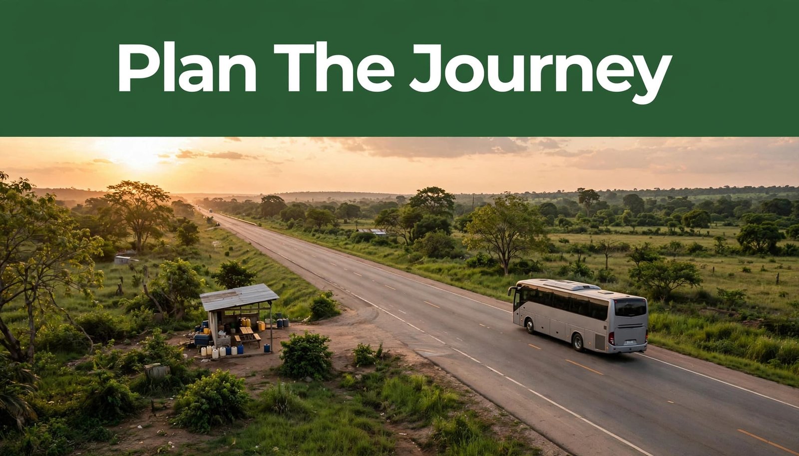 An intercity coach travels along a Nigerian highway near sunset.