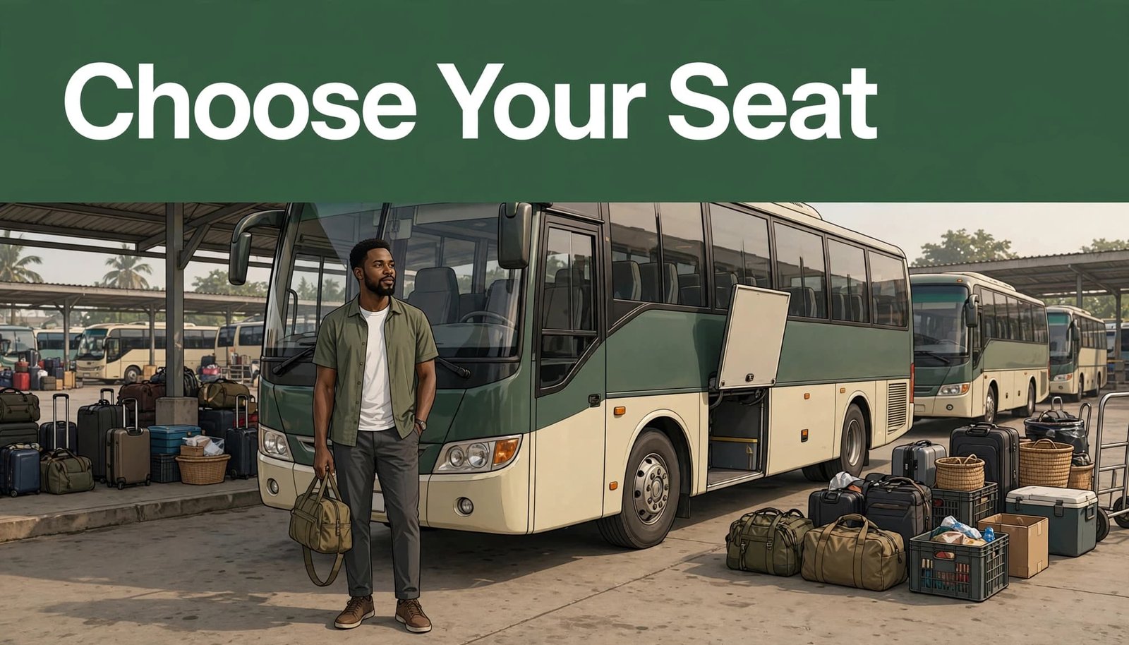 A traveler with a small bag stands beside a coach at a Nigerian bus terminal.