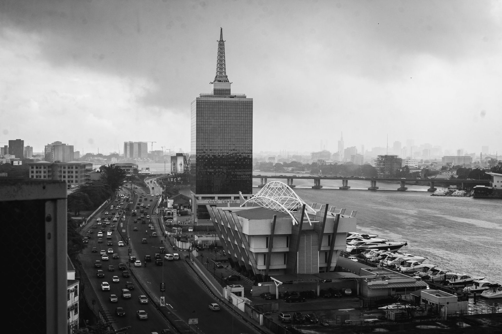 Black and white cityscape of Lagos