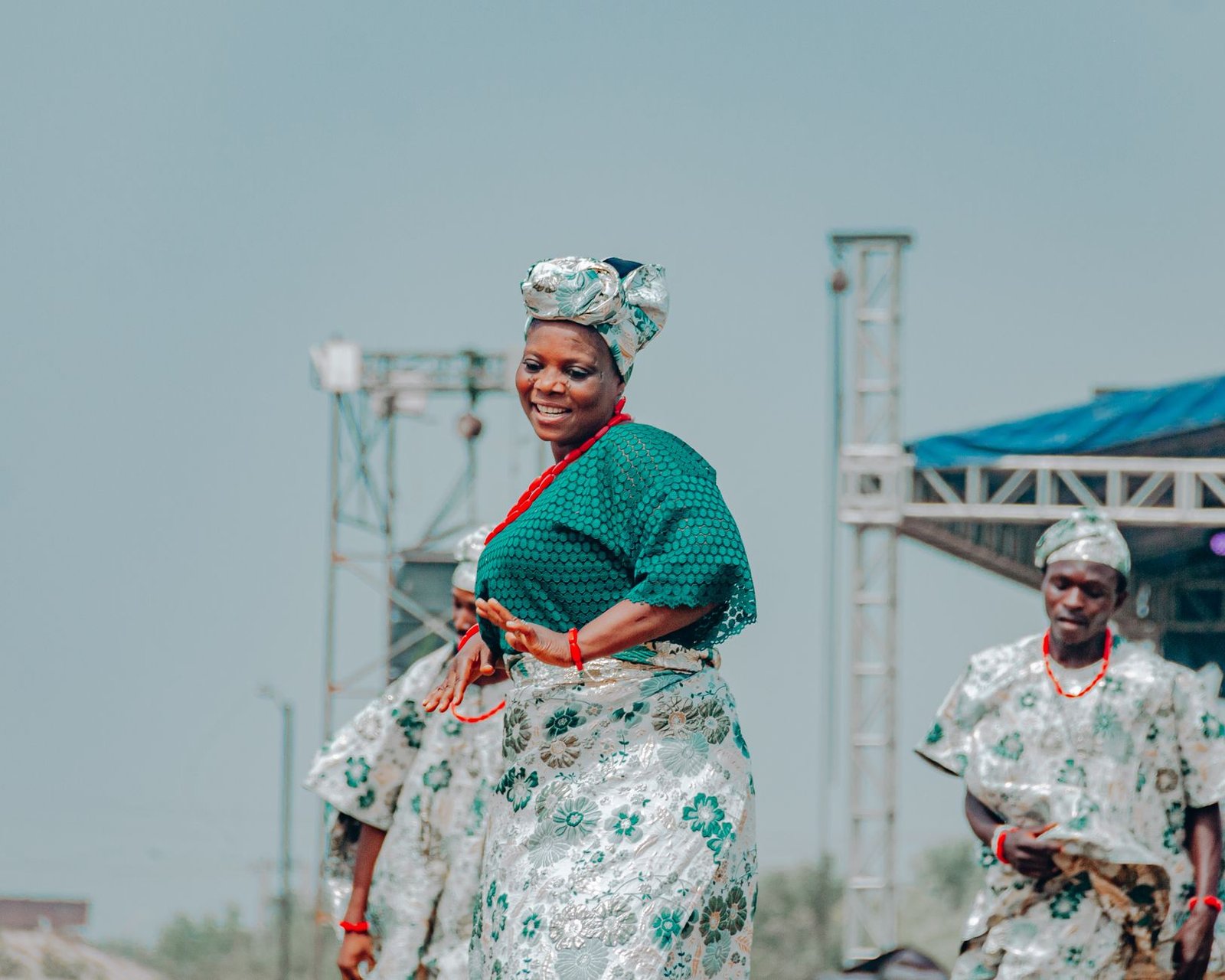 Traditional Nigerian dancers in cultural attire during a performance