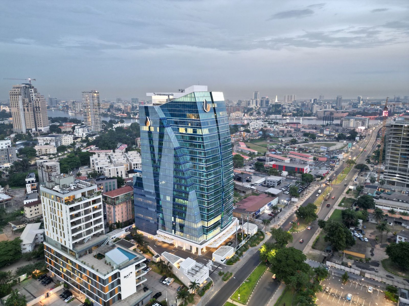 Aerial view of Lagos cityscape at dusk