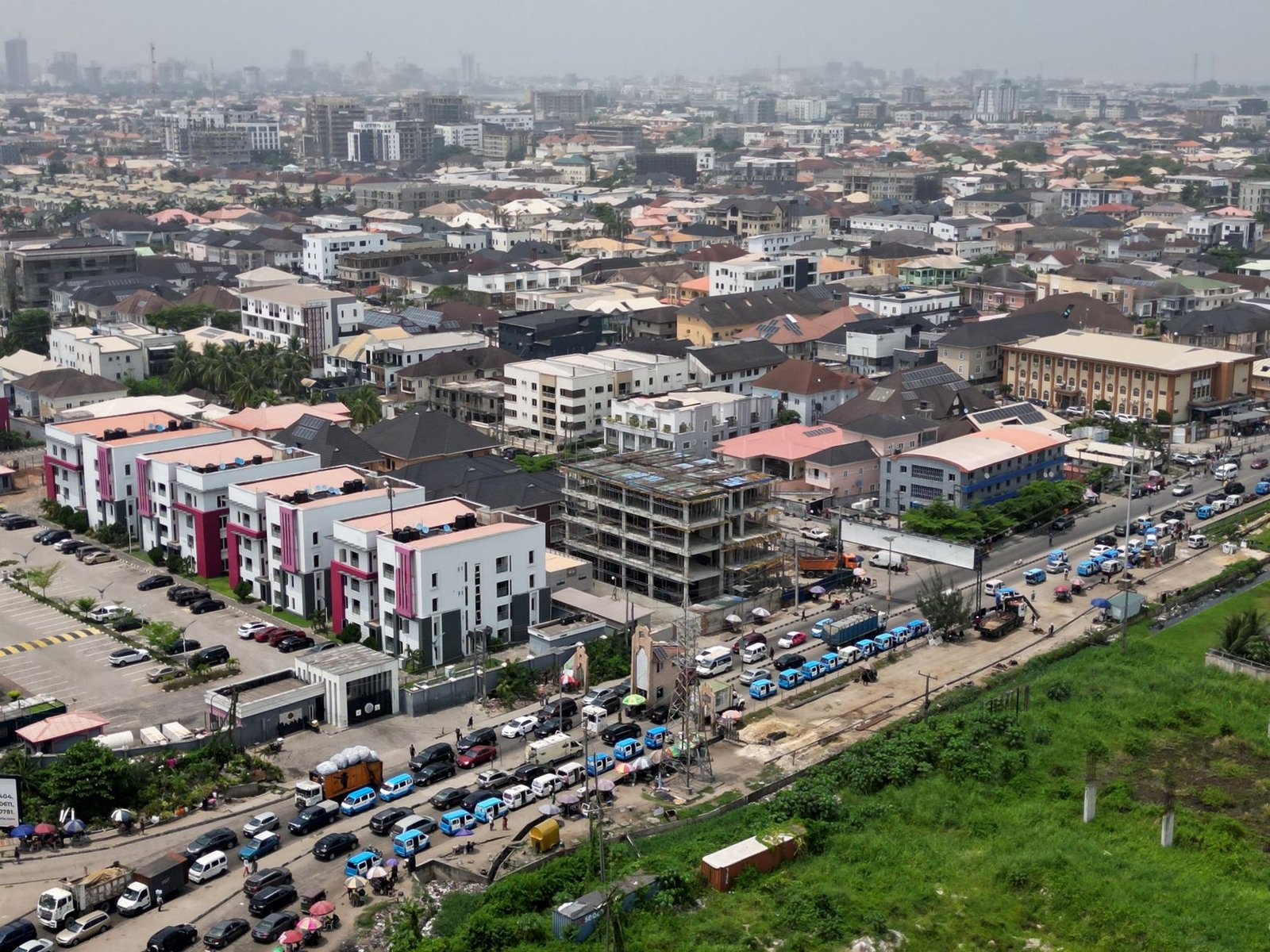 Vibrant Lagos cityscape showcasing dense urban development and traffic.