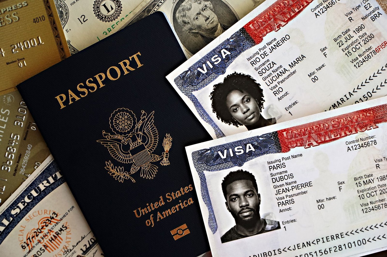 United States passport with visas and travel documents on a table