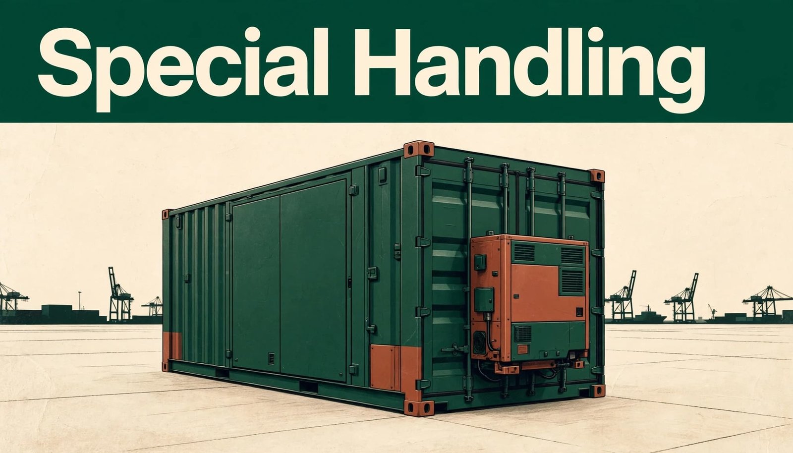 An insulated shipping container with a refrigeration unit stands before distant port cranes.