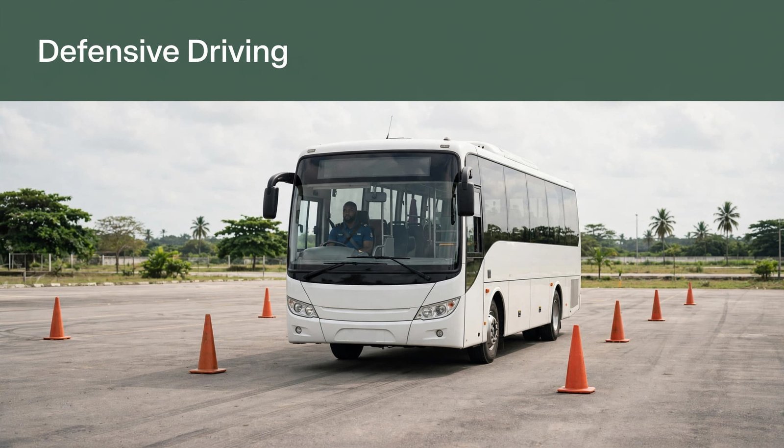 A bus and driver practice controlled braking between cones on a sunny training ground.