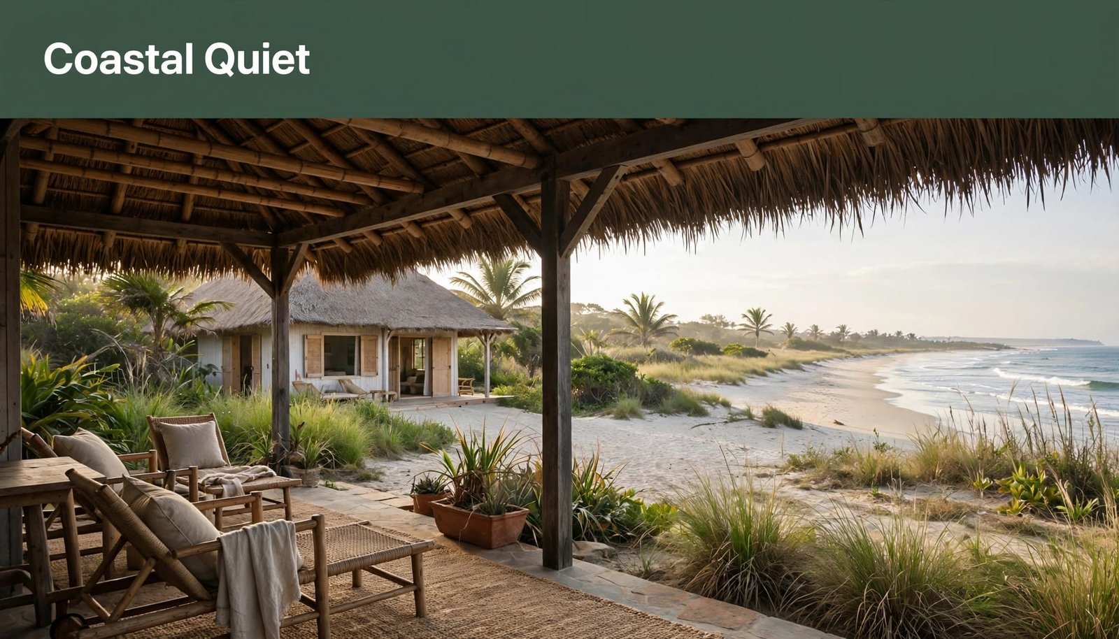 A shaded cottage patio faces a quiet sandy beach and distant waves.
