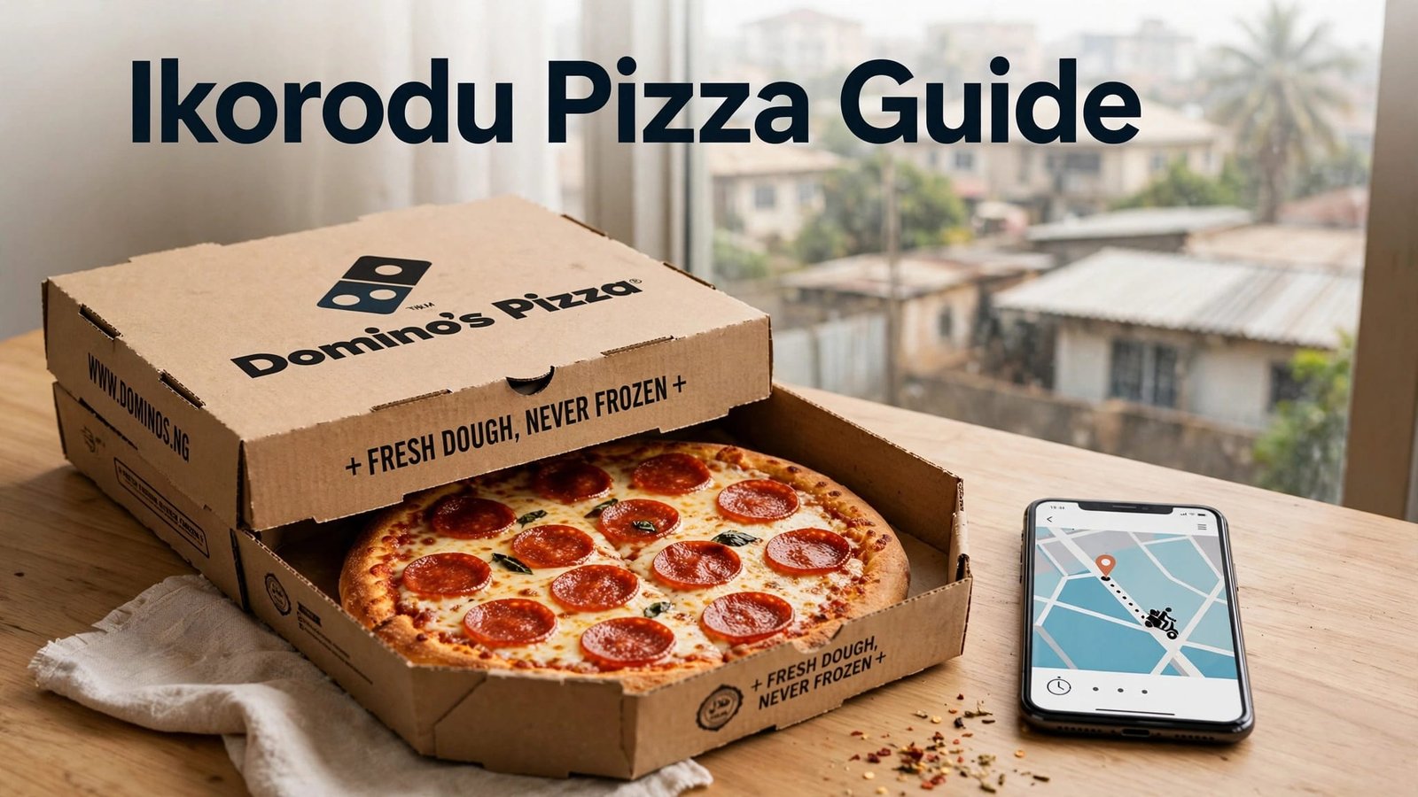 A pepperoni pizza, Domino’s box, and phone with a tracking map sit on a table.