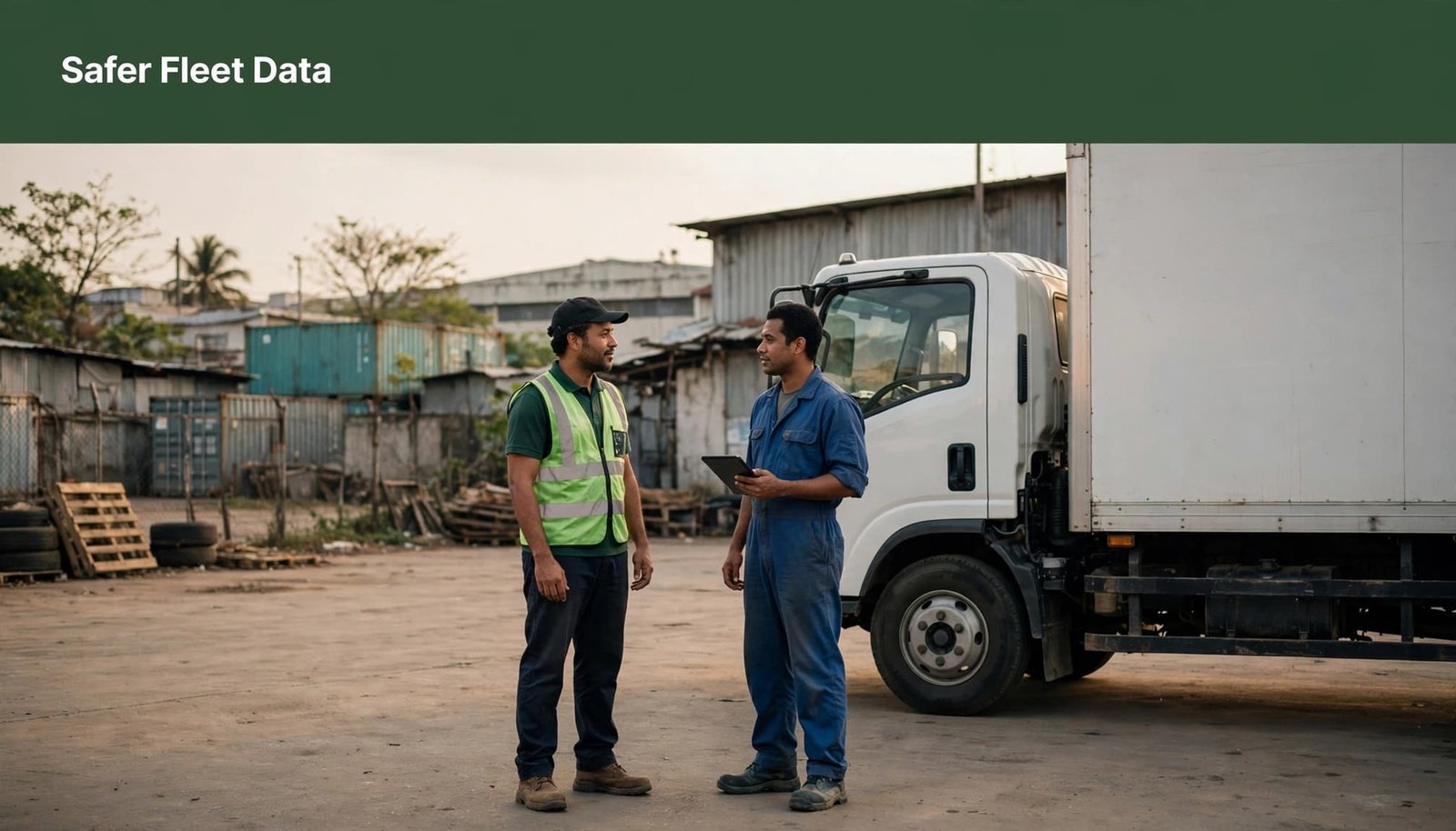 A supervisor and driver discuss a tablet beside a parked truck.