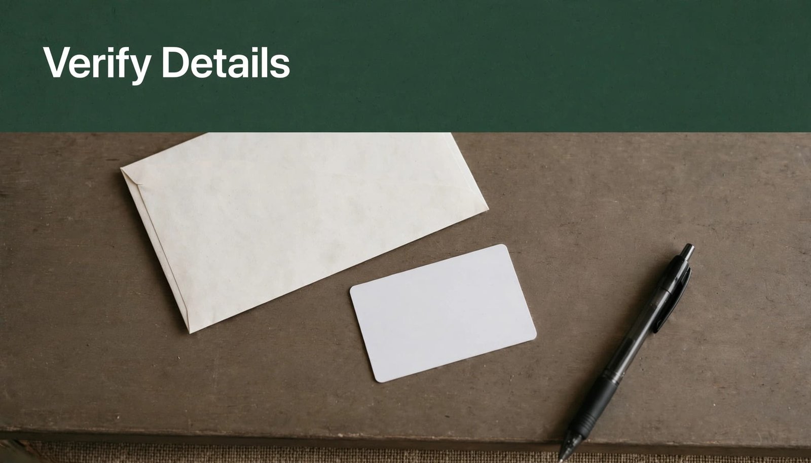 A booking envelope, face-down ID card, and pen rest on a guest house counter.