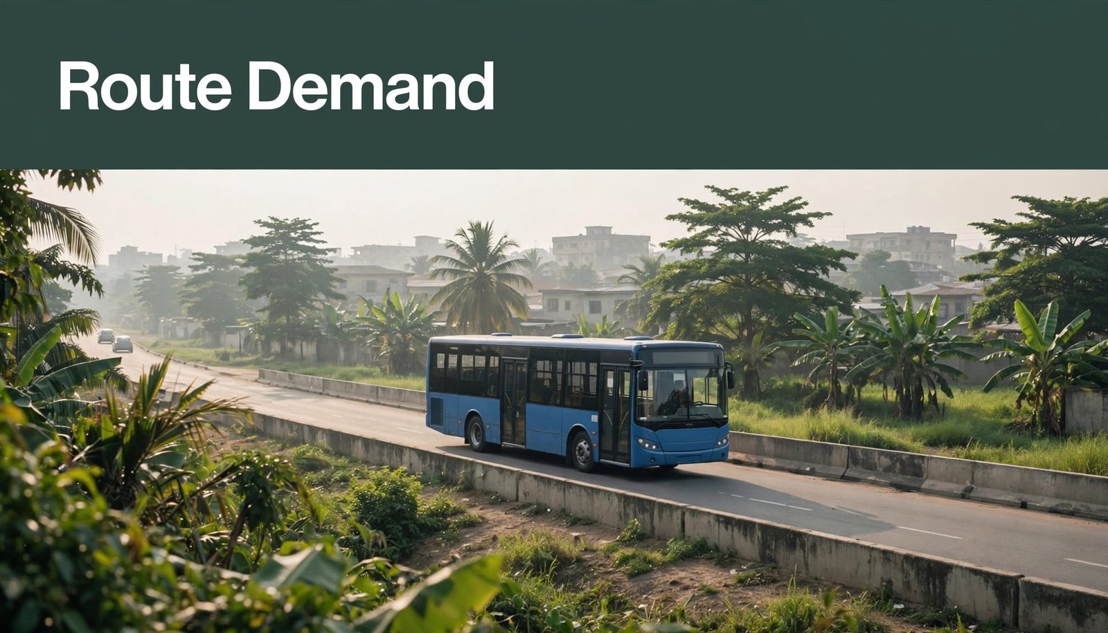 A red BRT bus moves along a leafy Lagos road beneath a dark-green headline band.